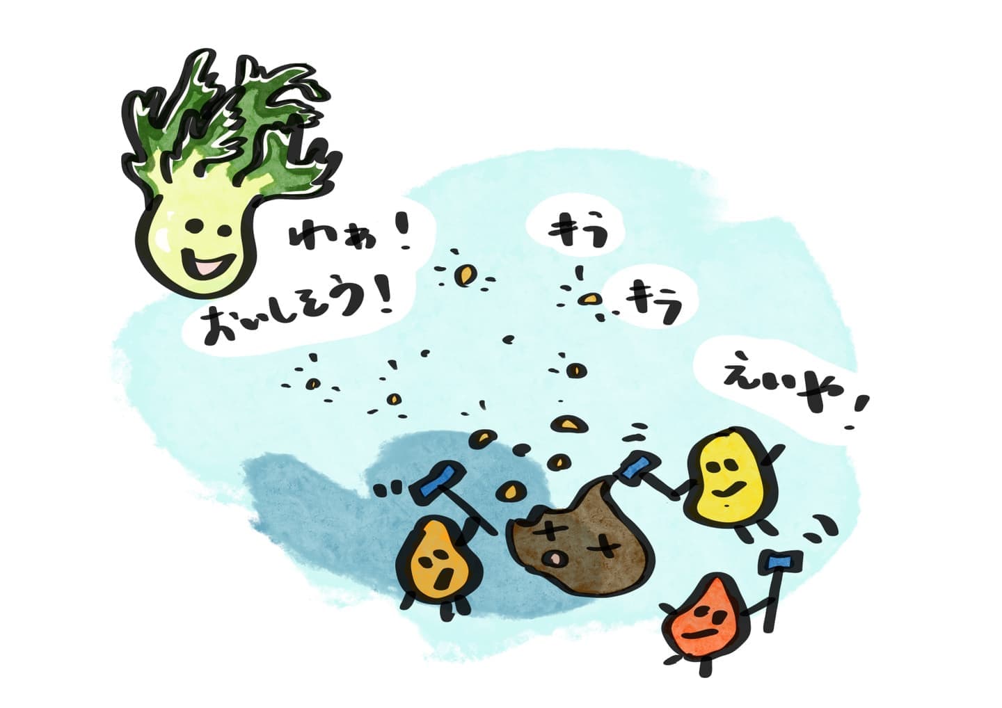 フリルレタスさんが根から栄養を吸い、パクパクと元気に育つ様子。魚→微生物→植物の循環をわかりやすく描いた図。